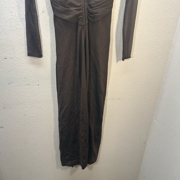 Vtg Tadashi Shoji Brown Long Mesh Sheer Sleeves Dress Formal Evening Gown SZ L - Picture 11 of 16